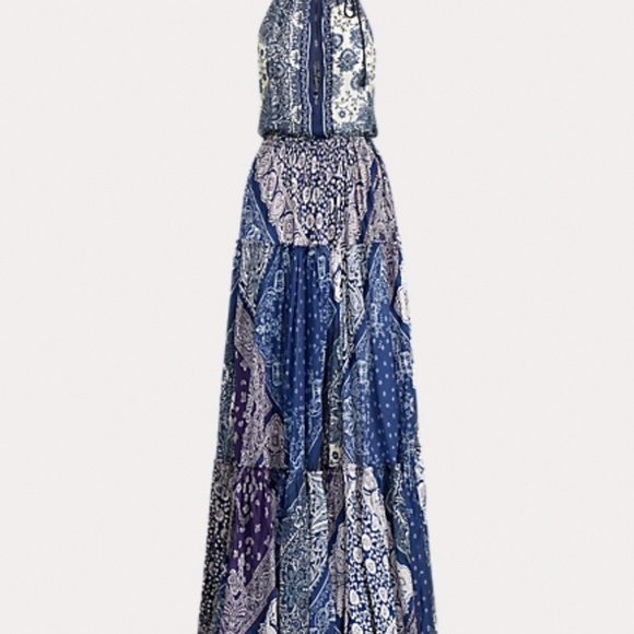 POLO RALPH LAUREN Pattern Mix Keyhole Neck Sleeveless Maxi Dress In Blue Banda - Picture 8 of 9